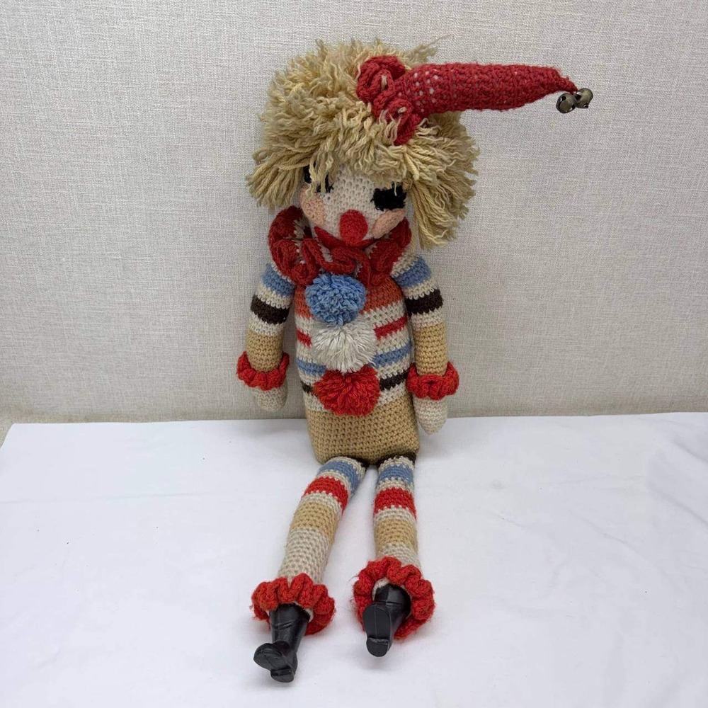 Vintage Handmade Crochet Clown Doll Large 29 Inch Jester Hat Bells Folk Art Toy